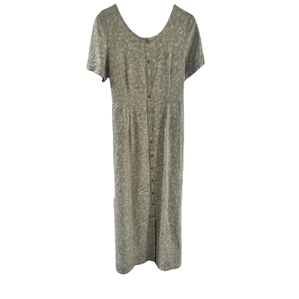 Vtg Eddie Bauer Maxi Dress Womens Med Olive Cottage Floral Button Front Tie Back